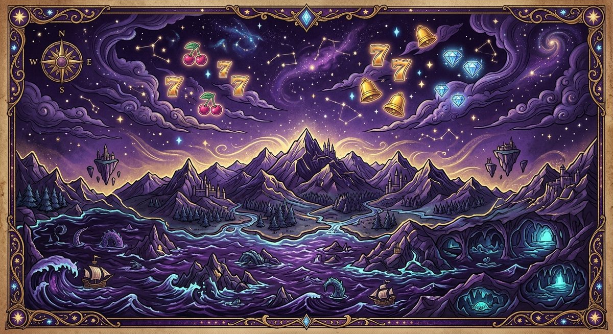 Peta ilustrasi semesta berlapis tiga tingkat dengan awan gunung dan laut dalam warna ungu serta simbol slot bercahaya seperti bintang