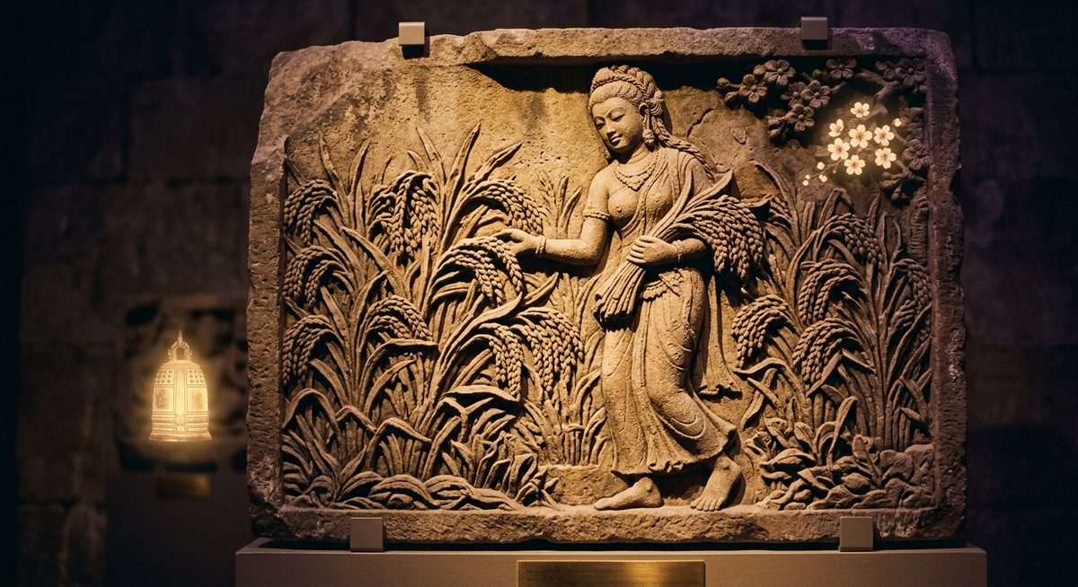 Relief batu bergambar figure di antara tanaman padi dengan detail ukiran halus, cahaya hangat keunguan dan simbol bell cherry bercahaya samar