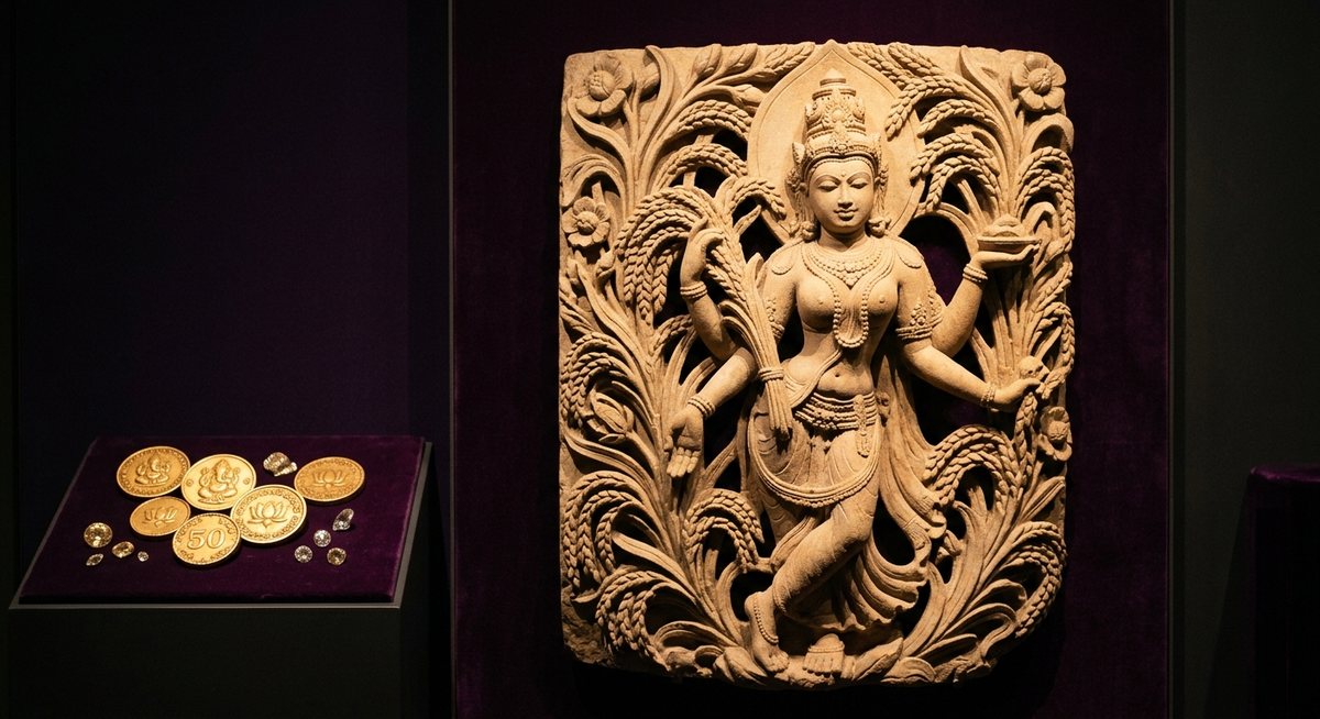 Arca batu figure perempuan penjaga padi dengan motif padi terukir di bawah sorot lampu emas museum dan koin emas slot bercahaya di dekatnya