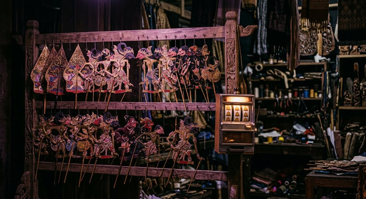 Wayang kulit bersusun di etalase kayu dengan cahaya keunguan hangat dan gulungan slot bercahaya di ujung rak