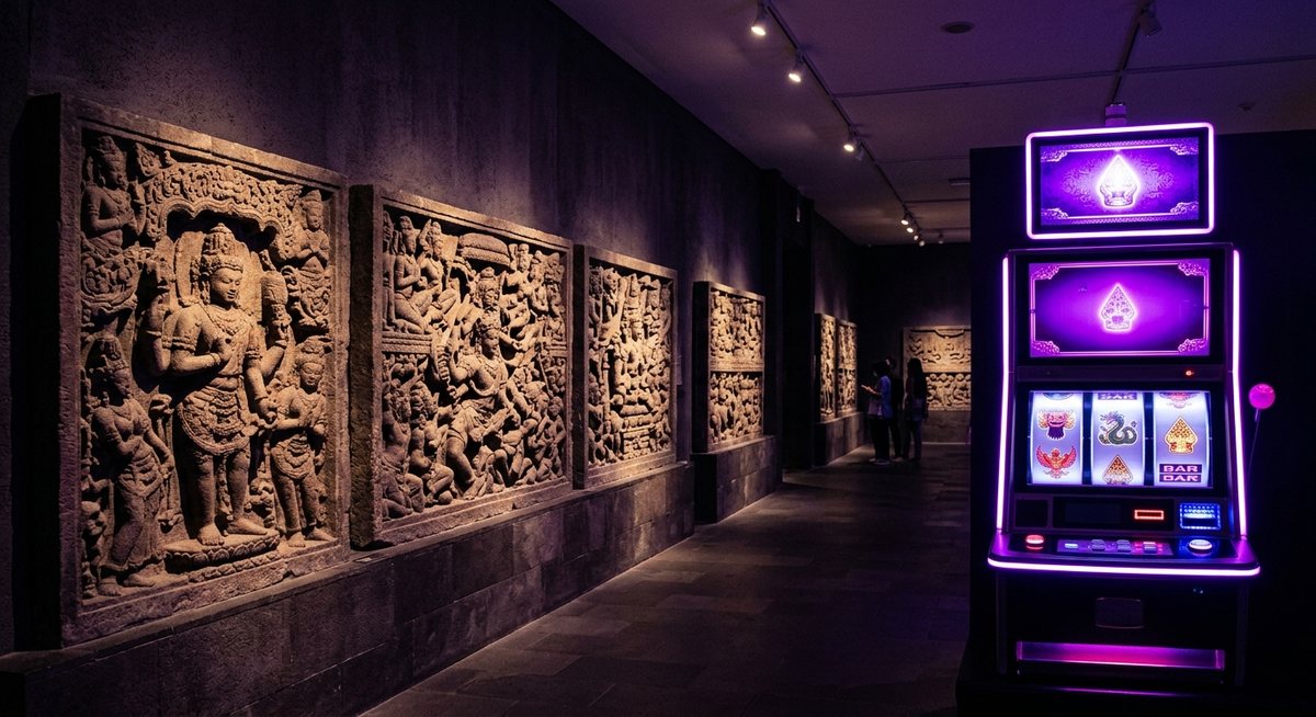 Relief candi bergambar figure kosmologis Nusantara berdiri di samping lemari pameran dengan gulungan simbol slot yang menyala