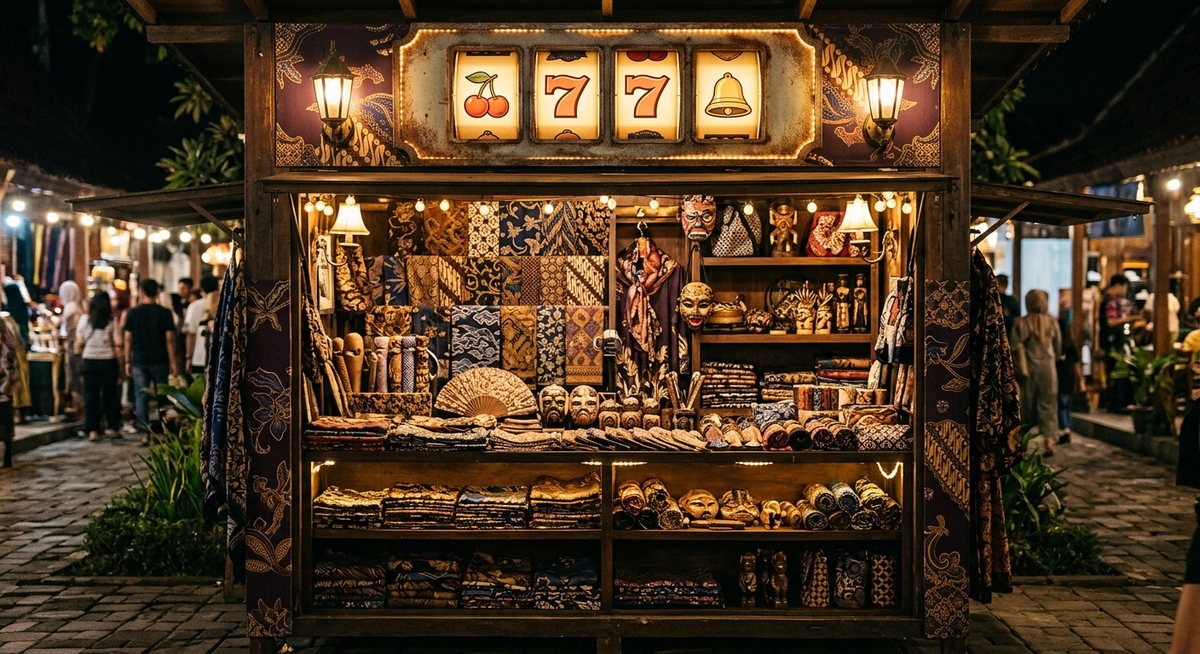 Kios suvenir bergaya etalase mesin penua dengan motif klasik dan gulungan simbol ceri tujuh bel bercahaya hangat