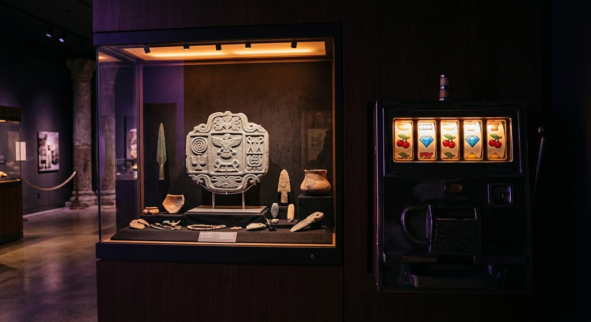 Ruang pamer museum dengan artefak simbol batu di balik kaca dan gulungan slot cherry diamond bercahaya di sisi ruangan