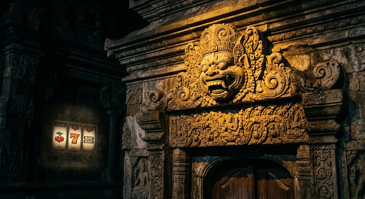 Ornamen kala di ambang pintu candi terukir halus dengan sorot cahaya emas dan bayangan gulungan simbol slot di latar